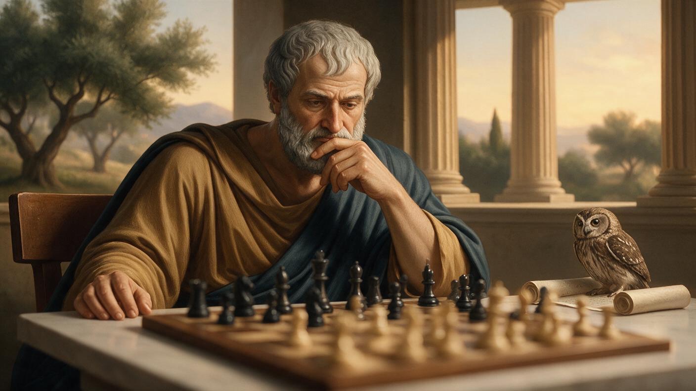 Gemälde: Aristoteles sitzt in einer Säulenhalle nachdenklich an einem Schachbrett in der Grundstellung, das Kinn auf die Hand gestützt; neben dem Brett beobachtet eine Eule auf einer Schriftrolle die Partie.