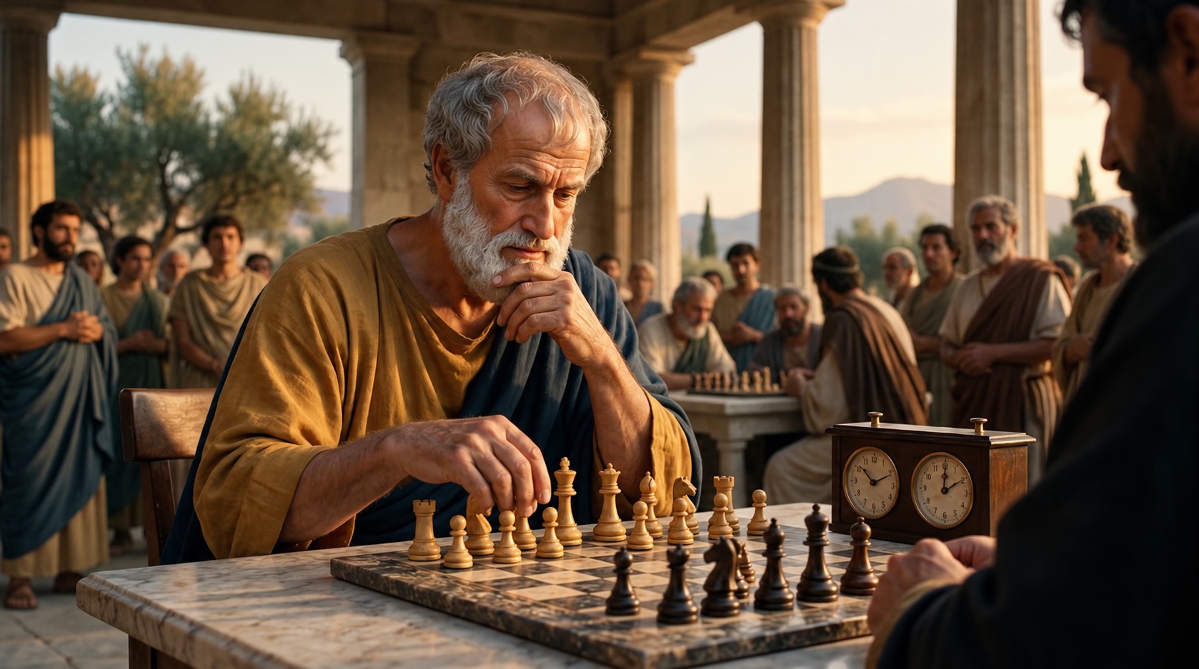 Aristotle sits thoughtfully at the chessboard in a colonnade, his chin resting on his hand; opposite him his opponent, beside them a chess clock, spectators watching in the background.