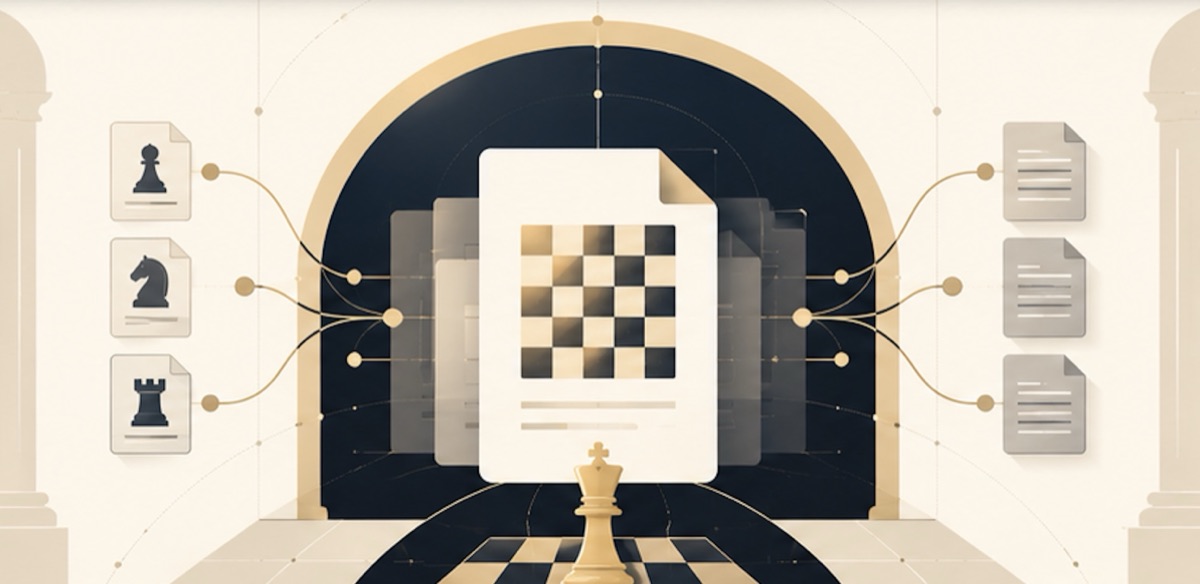 A PGN file with a chessboard in a golden archway, linked to small files with pieces and game notes