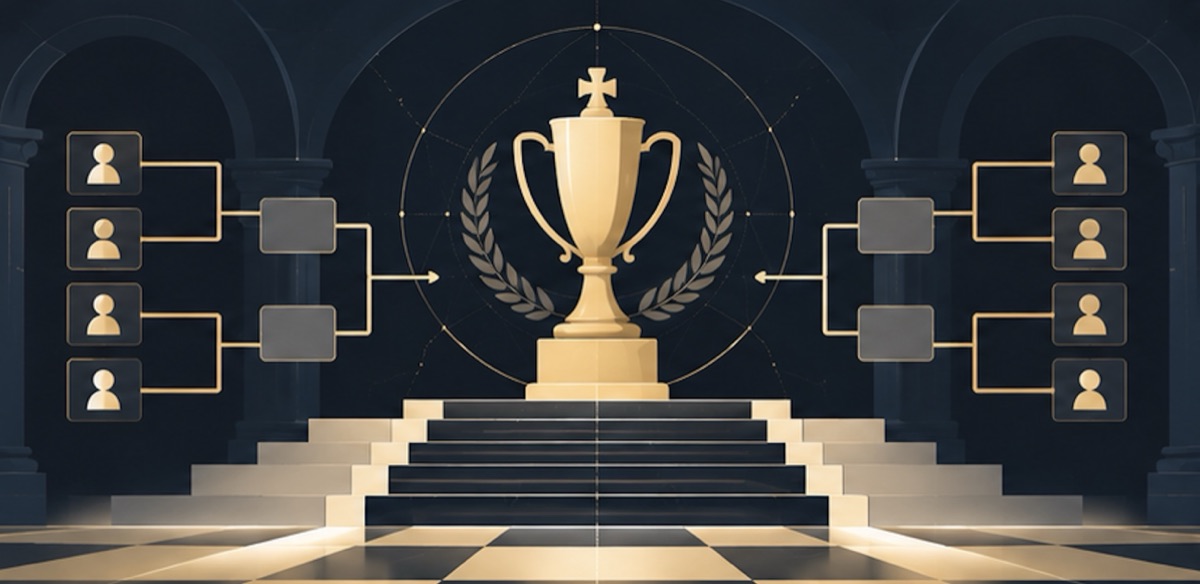 A golden cup with laurels on steps, on either side a tournament bracket of players leading to it