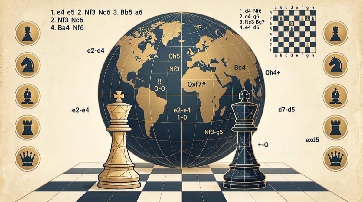 A white and a black king before a globe of moves and notation, pieces in golden circles at the sides
